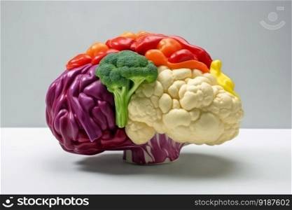 Side view of a human brain made of fresh vegetable on a white background created with generative AI technology