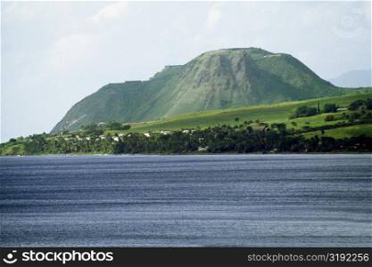 Side view of a lush mountain from a vast sea, St. Kitts, Leeward Islands, Caribbean