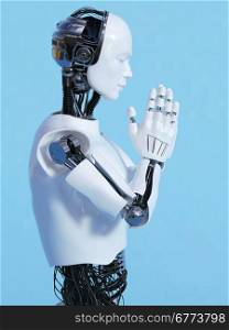 Side view of a male robot doing a namaste greeting, image 3. Blue background.