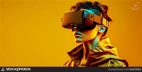 Side view of a young woman put on VR glasses isolated over yellow background.