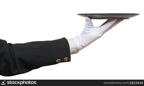 side view of arm in white glove with empty flat black plate isolated on white background