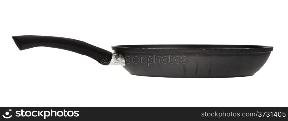 side view of big black frying pan isolated on white background