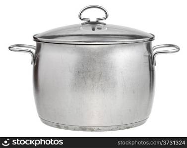 side view of big stainless steel pan covered by glass lid isolated on white background