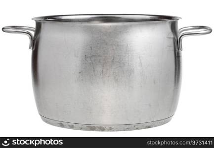 side view of big stainless steel saucepan isolated on white background