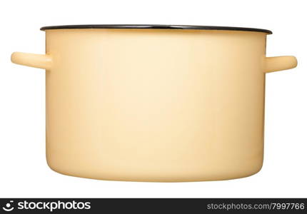 side view of big yellow enamel saucepot isolated on white background