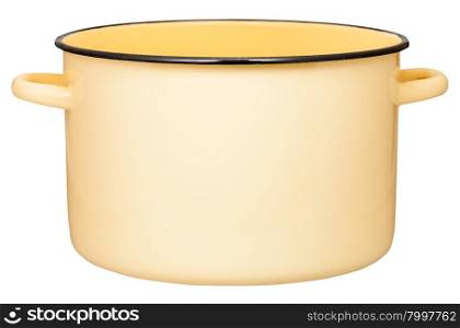 side view of big yellow enamel stockpot isolated on white background