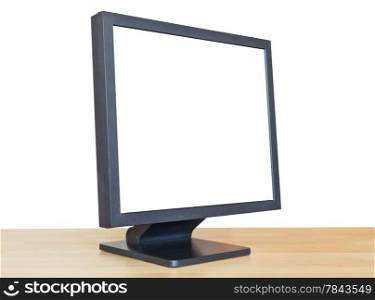 side view of black display with cut out screen on wooden table isolated on white background
