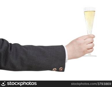 side view of champagne glass in businessman hand isolated on white background