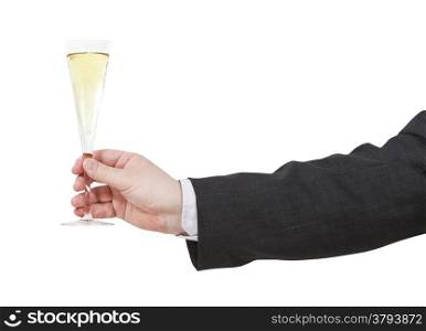 side view of champagne glass in male hand isolated on white background