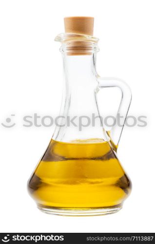 side view of closed glass jug with olive oil isolated on white background