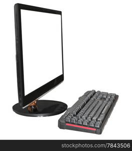 side view of computer black widescreen display with cut out screen and keyboard isolated on white background