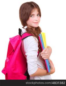 Side view of cute brunette schoolgirl with big pink schoolbag and holding in hands colorful textbooks, isolated on white background, back to school concept&#xA;