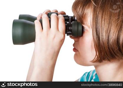 side view of girl looks through field glasses isolated on white background