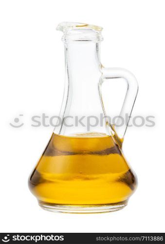 side view of glass jug with olive oil isolated on white background