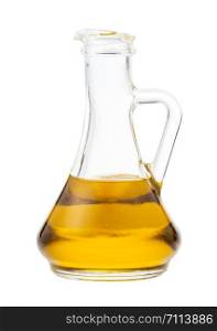 side view of glass jug with olive oil isolated on white background