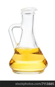 side view of glass jug with vegetable oil isolated on white background