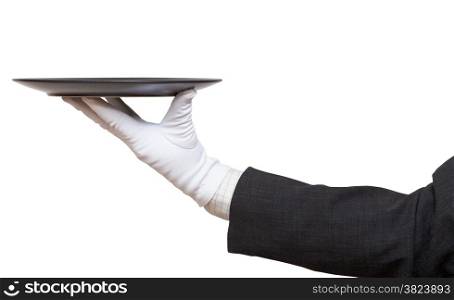 side view of hand in white glove with empty flat black plate isolated on white background