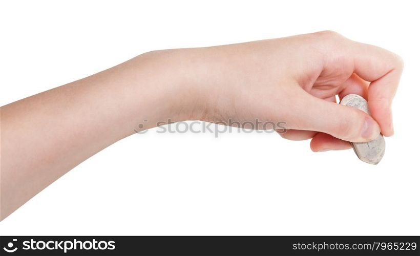 side view of hand with white rubber eraser isolated on white background