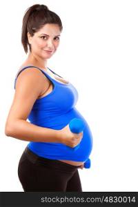 Side view of happy healthy expectant woman doing exercise with dumbbells, isolated on white background, active pregnancy concept