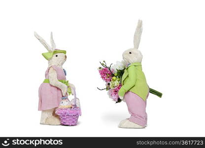 Side view of male Bunny with flower bouquet and female Rabbit over white background