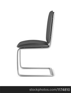 Side view of modern chair made from black leather and metal on white background