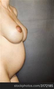 Side view of nude pregnant Caucasian female young adult standing.