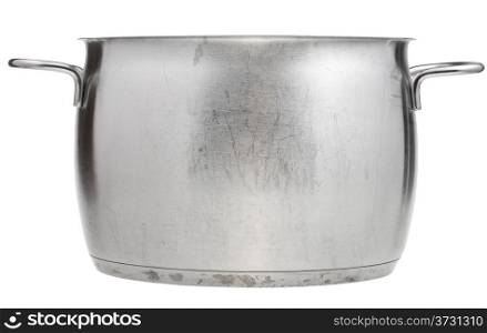 side view of open big stainless steel pan isolated on white background