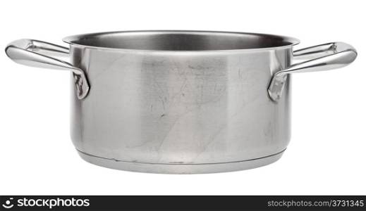 side view of open small stainless steel pan isolated on white background