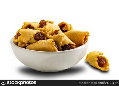 Side view of Pineapple Pie in white ceramic bowl isolated on white background with clipping path.