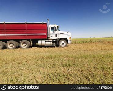 Side view of semi truck in agricultural field.