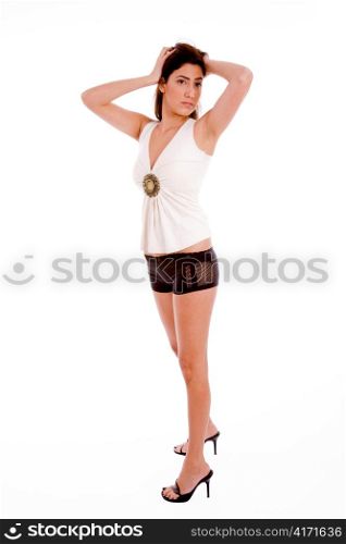 side view of sexy woman looking aside against white background