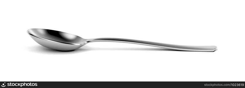 Side view of silver spoon on white background