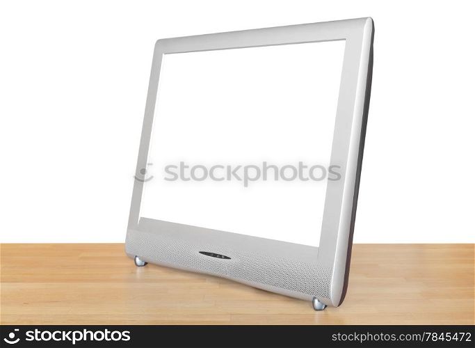 side view of silver TV set display with cut out screen on wooden table isolated on white background