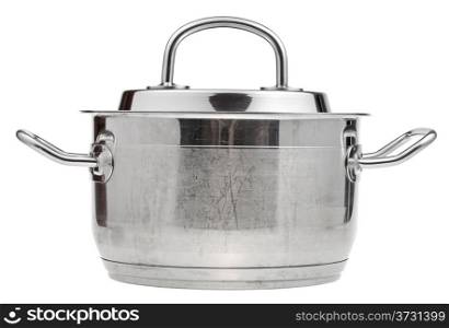 side view of small stainless steel saucepan covered by metal lid isolated on white background