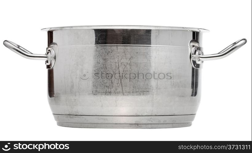 side view of small stainless steel saucepan isolated on white background
