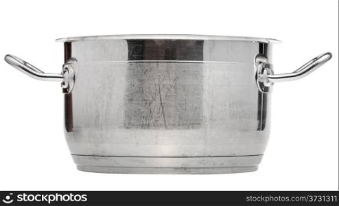 side view of small stainless steel saucepan isolated on white background