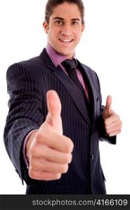 side view of smiling executive with thumbsup on an isolated background
