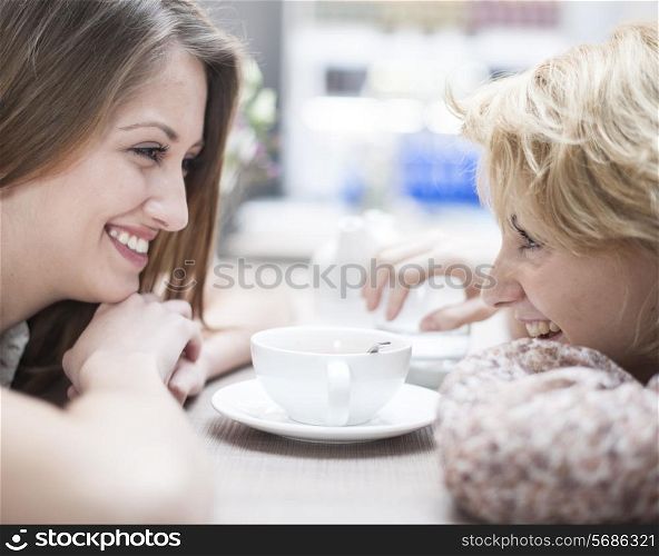 Side view of smiling young female friends looking at each other in cafe