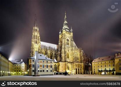 side view of St. Vitus Cathedral at winter night, in Prague
