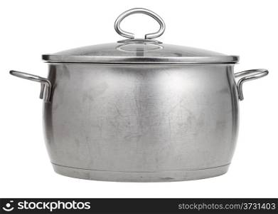 side view of stainless steel saucepan covered by glass lid isolated on white background