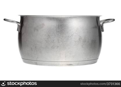 side view of stainless steel saucepan isolated on white background