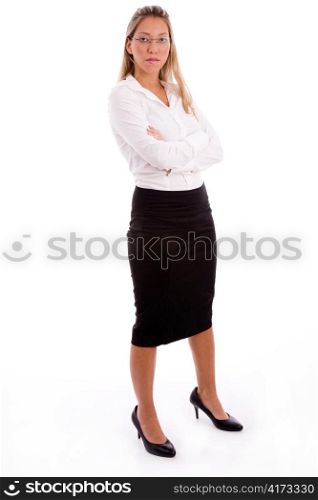 side view of standing employee looking at camera on an isolated white background