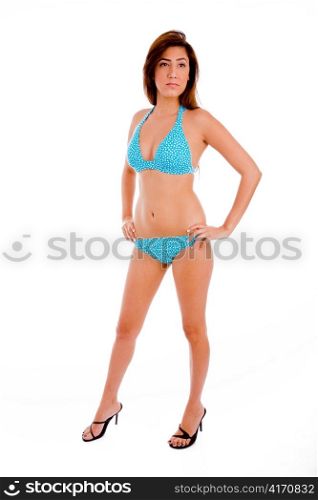 side view of standing sexy woman against white background