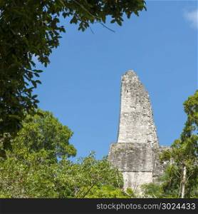Side view of Temple 4 roof comb in Tikal, Guatemala