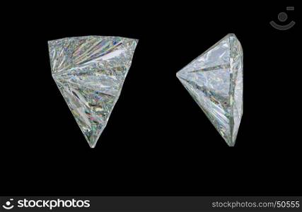 Side view of trillion cut diamond or gemstone on black. 3d rendering, 3d illustration