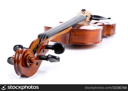 Side view of violin on white background.