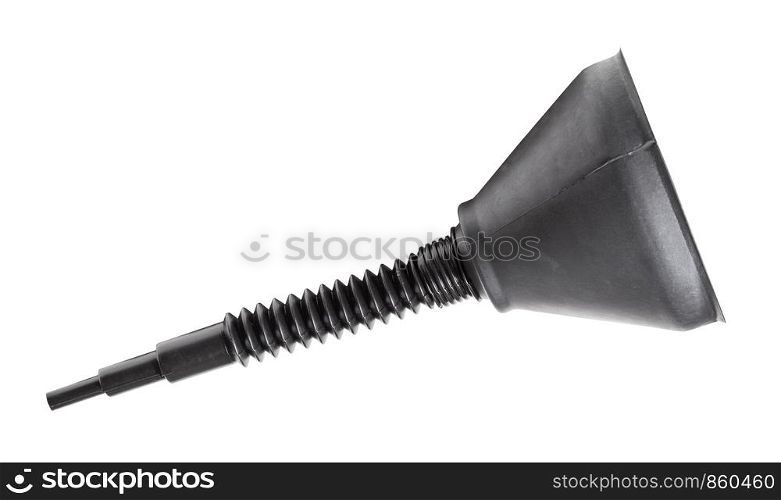 side view of wide black plastic funnel with flexible spout isolated on white background