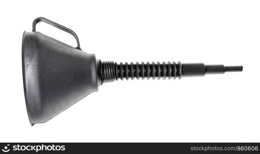 side view of wide black plastic funnel with handle and flexible spout isolated on white background