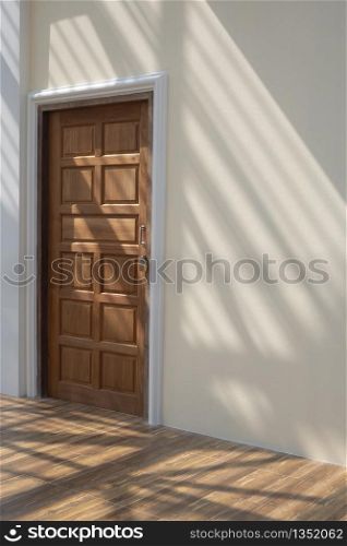 Side view of wooden door in mastic color cement wall with sunlight and shadow of roof structure on wood floor tiles surface inside of house building site in vertical frame