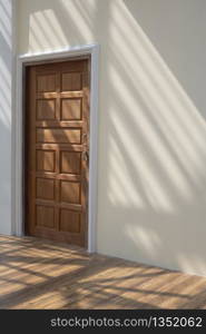 Side view of wooden door in mastic color cement wall with sunlight and shadow of roof structure on wood floor tiles surface inside of house building site in vertical frame